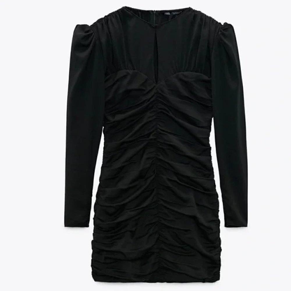 ZARA BLACK VOLUMINIOUS SLEEVE DRAPED DRESS